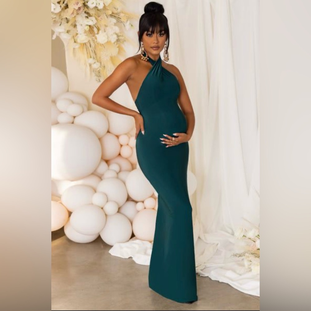 Club L London Teal Maternity Cross Over Halter Neck Maxi Dress (Size 12)